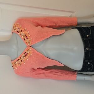 Free People Pink Cotton Sweater with bead, lace, and shell design. Size Medium.